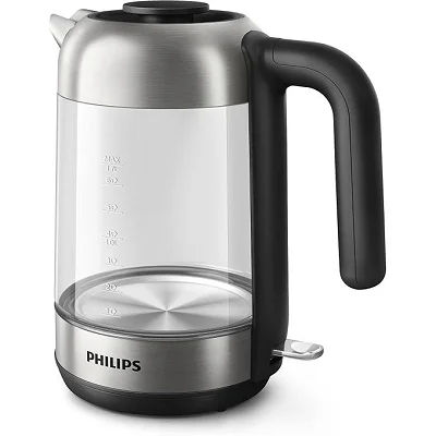 Philips Glass Electric Kettle - 1.7L, 2200W, HD9339/81 Series 5000 Blue LED Light - Black &amp; Silver