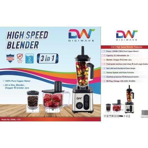 Digiwave 3 in 1 2L High Speed Blender 2200W Copper Motor Unbreakable Jar Grinder & Chopper - Siver & Black