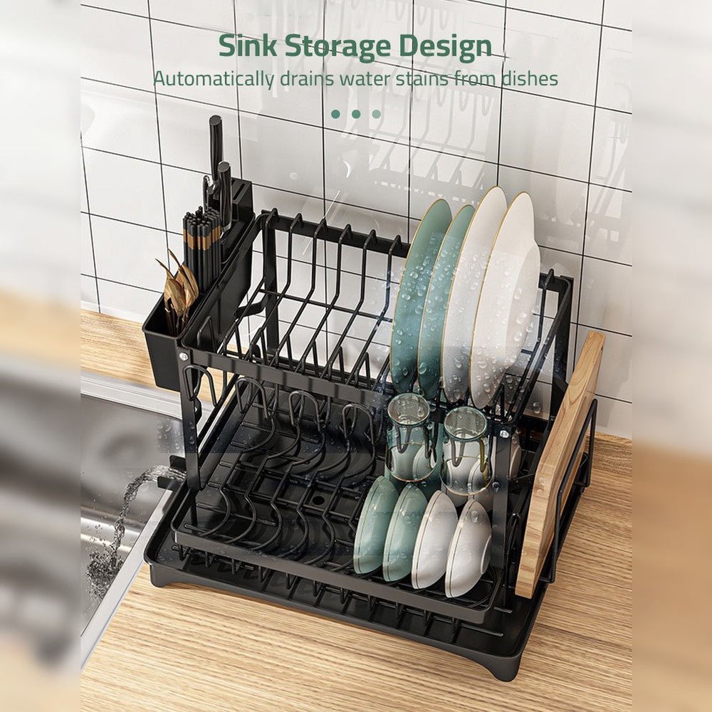 2 Tier Dish Rack for Kitchen Counter – Dish Drying Rack with Draining Tray, Utensil & Cutting Board Holder