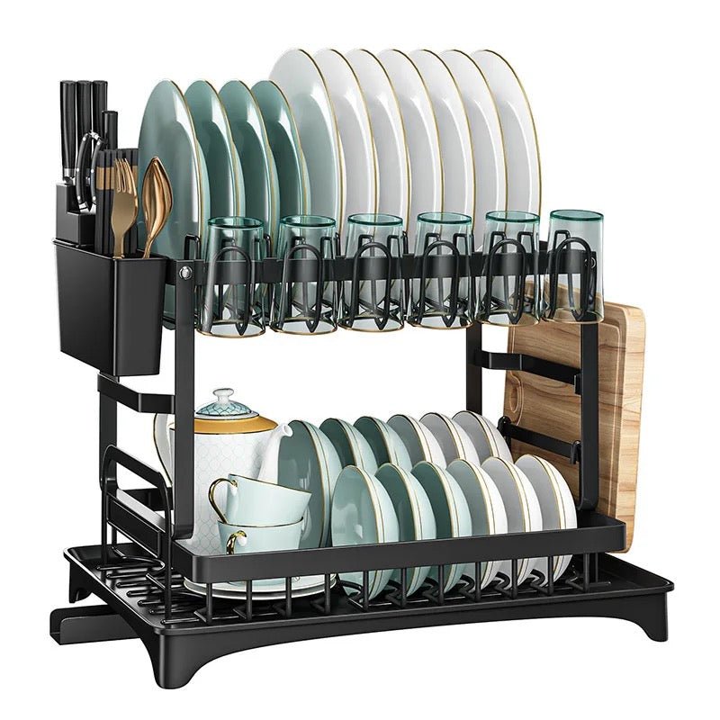 2 Tier Dish Rack for Kitchen Counter – Dish Drying Rack with Draining Tray, Utensil & Cutting Board Holder
