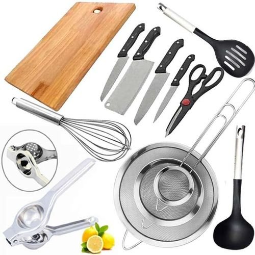 (13pcs) Set Of Board , Knives, Whisker, Squeezer, Spoon ,Sieves