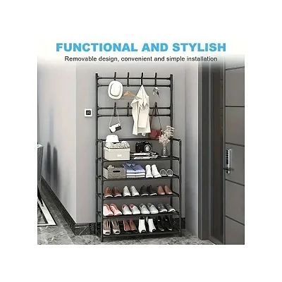 5 Tiers Coat Rack Shoe Rack With Coat/ Bags Hook -  Black