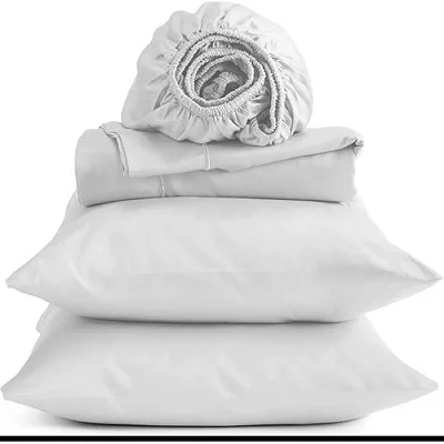 5*6 1 Flat Bedsheet, 1 Fitted Bedsheet, 4 Pillowcases & 2 Fibre Pillows-White Cotton
