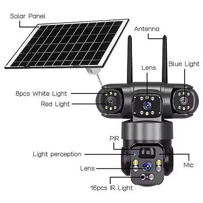 4G Triple lense Simcard Outdoor Surveillance camera with Solar Panel