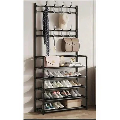 Multi-Layer Shoe Rack with Coat Hanger – Metal Entryway Storage Organizer with Shelves for Shoes, Bags &amp; Clothes - Black