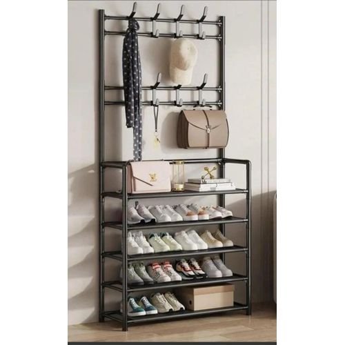 Multi-Layer Shoe Rack with Coat Hanger – Metal Entryway Storage Organizer with Shelves for Shoes, Bags &amp; Clothes - Black