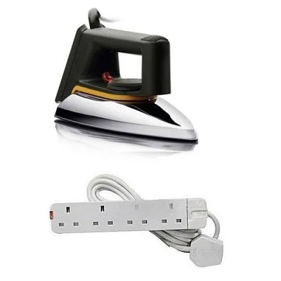 A Pack Of Original Flat Iron &amp; A 4 Way Power King Extension Cable - White, Silver.