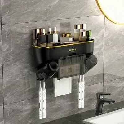 Toothbrush Holder with 2 Cups &amp; Automatic Toothpaste Dispenser, Wall-Mounted Toilet Paper Rack
