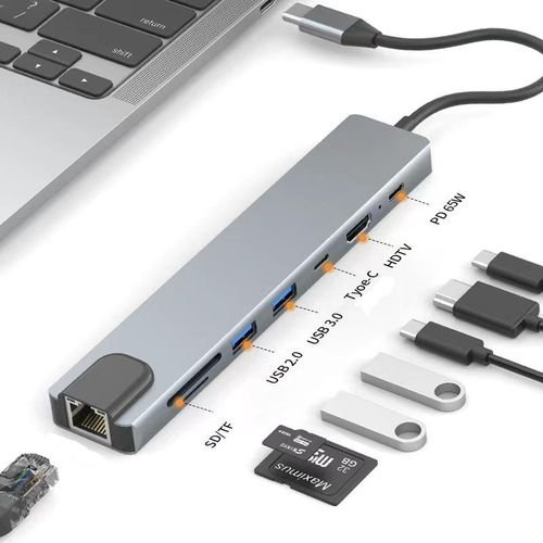 8-in-1 docking station USB-C to HDMI cable 4K high-definition projection computer converter - grey