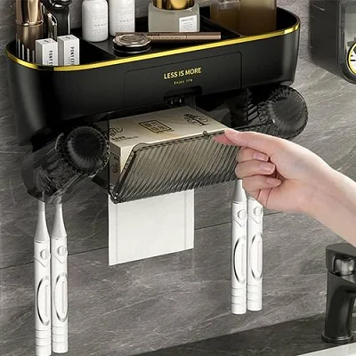 Toothbrush Holder with 2 Cups &amp; Automatic Toothpaste Dispenser, Wall-Mounted Toilet Paper Rack