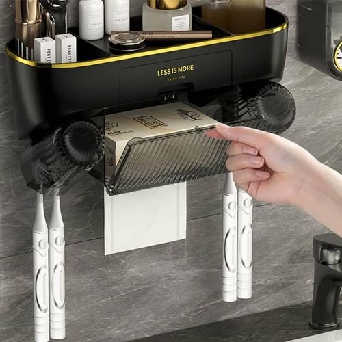 Toothbrush Holder with 2 Cups &amp; Automatic Toothpaste Dispenser, Wall-Mounted Toilet Paper Rack