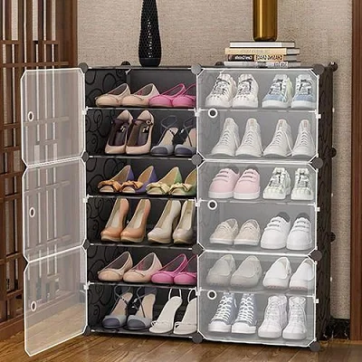 6 Layer 2 Column Portable Plastic Shoe Rack   - Black
