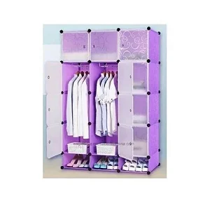 3 Column Portable Plastic Wardrobe With Shoe Rack Row- Purple