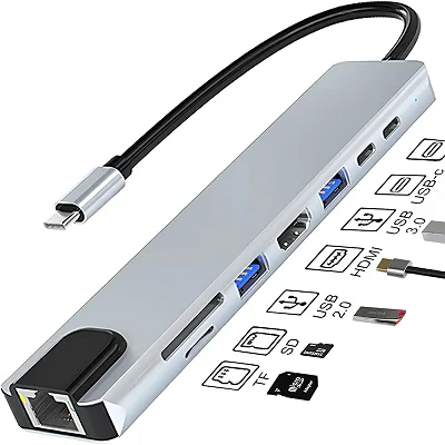 8-in-1 Type-C HUB Converter &amp; Docking Station – 4K HDMI, USB 3.0, PD, SD/TF, RJ45 Multi-Function Adapter – Grey