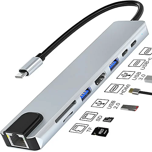 8-in-1 Type-C HUB Converter &amp; Docking Station – 4K HDMI, USB 3.0, PD, SD/TF, RJ45 Multi-Function Adapter – Grey