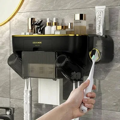 Toothbrush Holder with 2 Cups &amp; Automatic Toothpaste Dispenser, Wall-Mounted Toilet Paper Rack
