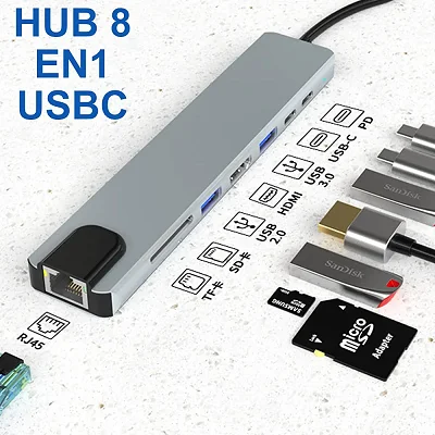 8-in-1 Type-C HUB Converter &amp; Docking Station – 4K HDMI, USB 3.0, PD, SD/TF, RJ45 Multi-Function Adapter – Grey
