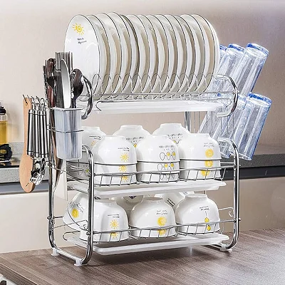 Three-Tier Multi-Function Dish Drying Rack - Multicolor