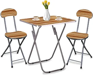 Portable Foldable Camping Table Set with Two Seats- brown