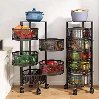 5 Tier Round Kitchen, Bedroom Storage Rack Basket Trolley Organizer-Black
