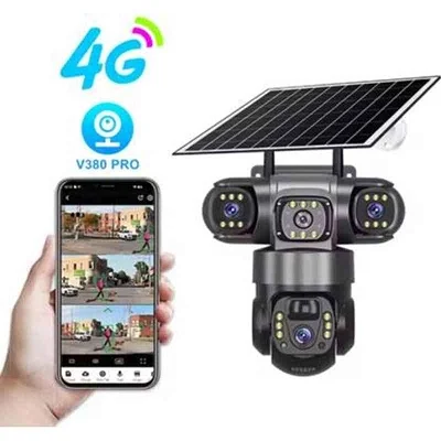 3 Lens 4G Solar CCTV Camera – Wireless Outdoor PTZ Security Camera with Night Vision, Motion Detection, SIM Card &amp; V380 Pro App