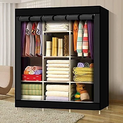 3 Column Cloth &amp; Metallic Frame Portable Wardrobe-Black