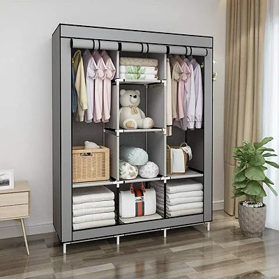 3 Column Cloth &amp; Metallic Frame Portable Wardrobe-Grey (Not Assembled)