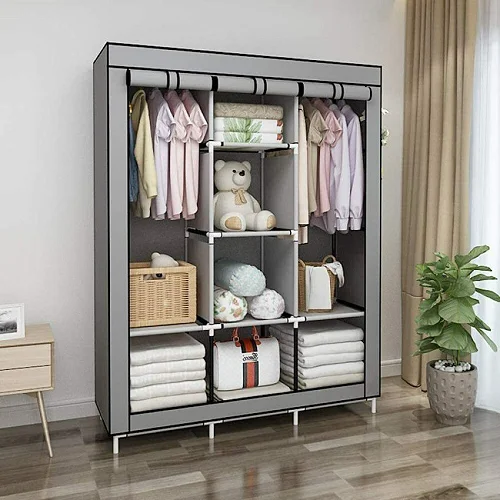 3 Column Cloth &amp; Metallic Frame Portable Wardrobe-Grey (Not Assembled)