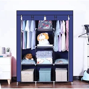 3 Column Metallic Cloth Wardrobe (Not Assembled) - blue