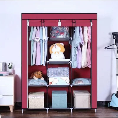 3 Column Metallic Cloth Wardrobe (Not Assembled) - Maroon