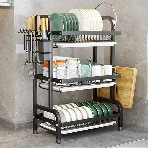 3 Layer Dish Rack Drainer for Utensils &amp; Cutlery - Black