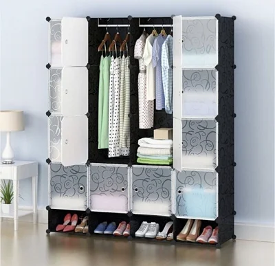 4 Column rame Portable Wardrobe Plastic Wardrobe - Black,