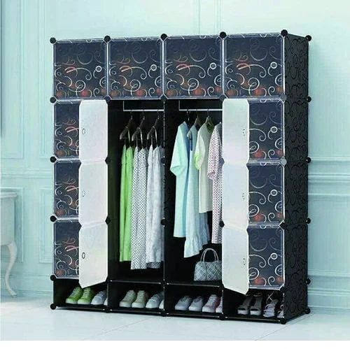 4 Column Elegant Plastic Wardrobe With Shoe Storage Not Assembled - Black