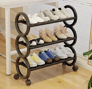 3 Layer Plastic Shoe Rack Storage Organizer With Wheels - Black