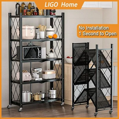 Foldable kitchen rack 5 layers, display rack stainless steel metal, multipurpose rack