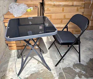 Portable Foldable Table & Chai Set With Tempered Glass Tabletop - Black