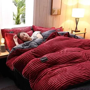 6*6 4pcs Duvet Set Coral Velvet Duvet With 1Bedsheet 2 Pillowcases - Maroon