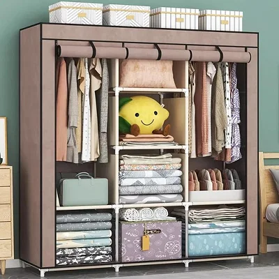 3 Column Metallic Frame Cloth Wardrobe- Multicolor