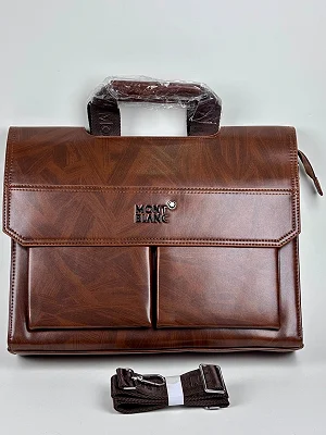 Leather Briefcase for Men Laptop Bag with Lock &amp; Luggage Strap - Brown