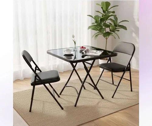 Foldable 1 Table &amp; 2 Chairs Set With Tempered Glass Tabletop - Black