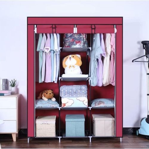 3 Column Cloth &amp; Metallic Frame Portable Wardrobe-Multicolour