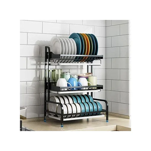 3-Tier Dish Rack Stainless Steel Dish Drainer - Black.