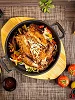 Cast Iron Round Grill Pans, Sizzling Plate With a Wooden Base - Black / Brown