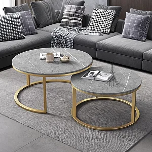 Coffee Table Modern Nesting Side Set of 2 End Table for Living Room Balcony Garden Round Accent Cocktail Table with Faux Marble Top and Metal Frame