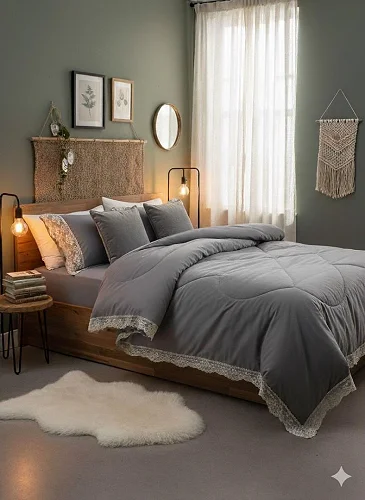 6x6 6pcs Laced Duvet Set With 1 Bedsheet, 2pillowcases,  2 Cushion Covers - Grey