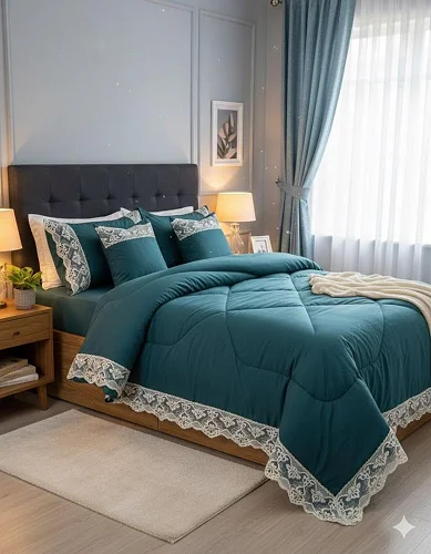 6x6 6pcs Laced Duvet Set With 1 Bedsheet, 2pillowcases,  2 Cushion Covers - Green