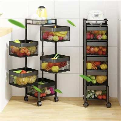 5 Layer Rotating Kitchen Trolley For Storing Fruits &amp; Vegetables - Black