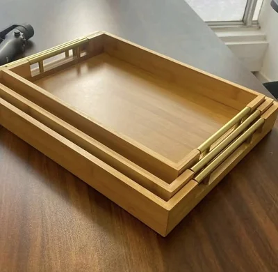 Set Of 3Pcs Bamboo Wooden Trays With Golden Handles - Brown