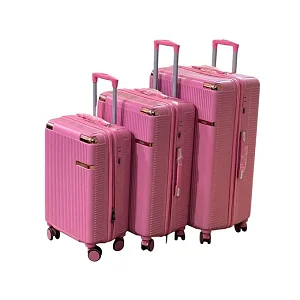 Plastic Rubber Suitcase Set with Four Wheels - Pink (Small, Medium, Large Size)