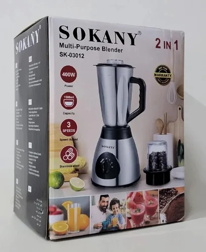 Sokany 2 In 1 Blender Grinder With Unbreakable Jars 3 Speeds 400W 1.5Litre Juicer- Multicolor